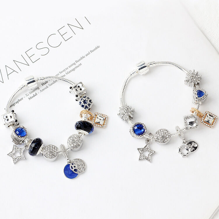 Fashion Charm Bracelet with Snowflake, Crystal, Rhinestone Beads & Hollow Star Zircon Pendant(19cm)