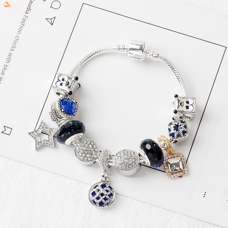 Fashion Charm Bracelet with Snowflake, Crystal, Rhinestone Beads & Hollow Star Zircon Pendant(20cm)