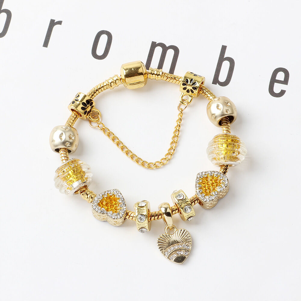 Golden Rhinestone Heart Charm Beaded Snake Chain Bracelet(18cm)