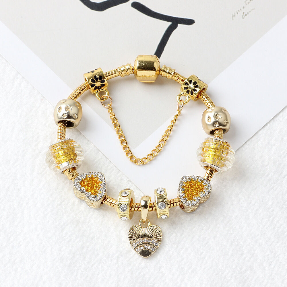 Golden Rhinestone Heart Charm Beaded Snake Chain Bracelet(19cm)
