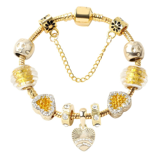 Golden Rhinestone Heart Charm Beaded Snake Chain Bracelet(20cm)