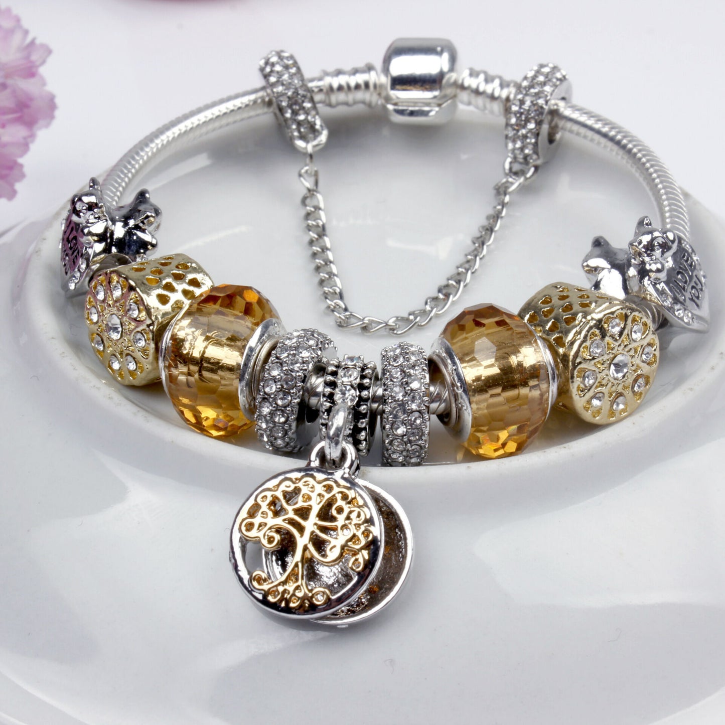 Crystal Bead & Tree of Life Pendant Bracelet with Rhinestones(20cm)