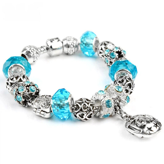 Vintage Crystal Zircon Beaded Bracelet with Hollow LOVE Alloy Pendant, Adjustable Snake Chain Bracelet(18cm+5cm)