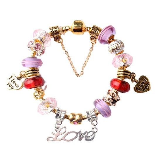 Love-Themed Beaded Bracelet with Crystal & Letter Pendant(19cm)