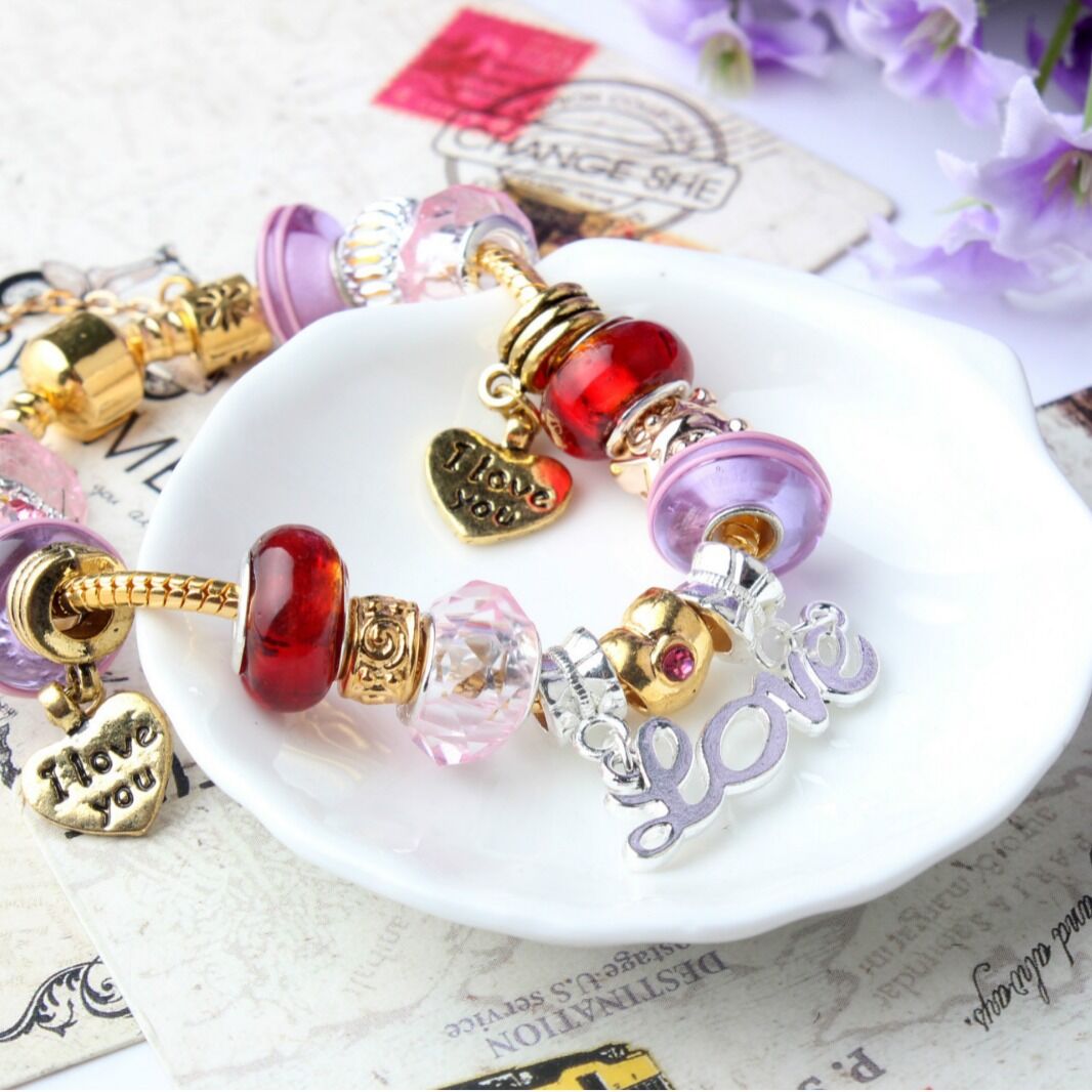 Love-Themed Beaded Bracelet with Crystal & Letter Pendant(20cm)