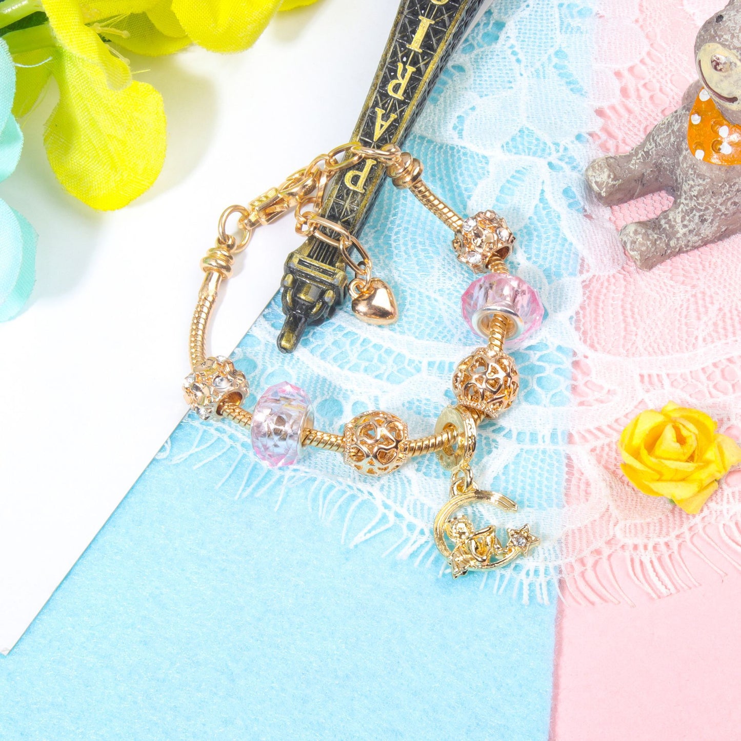 Sweet Style Crystal Rhinestone Gold Star Moon Pendant Cute Pink Bead Bracelet(17cm)