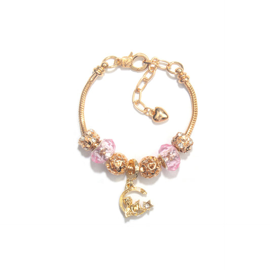Sweet Style Crystal Rhinestone Gold Star Moon Pendant Cute Pink Bead Bracelet(21cm)