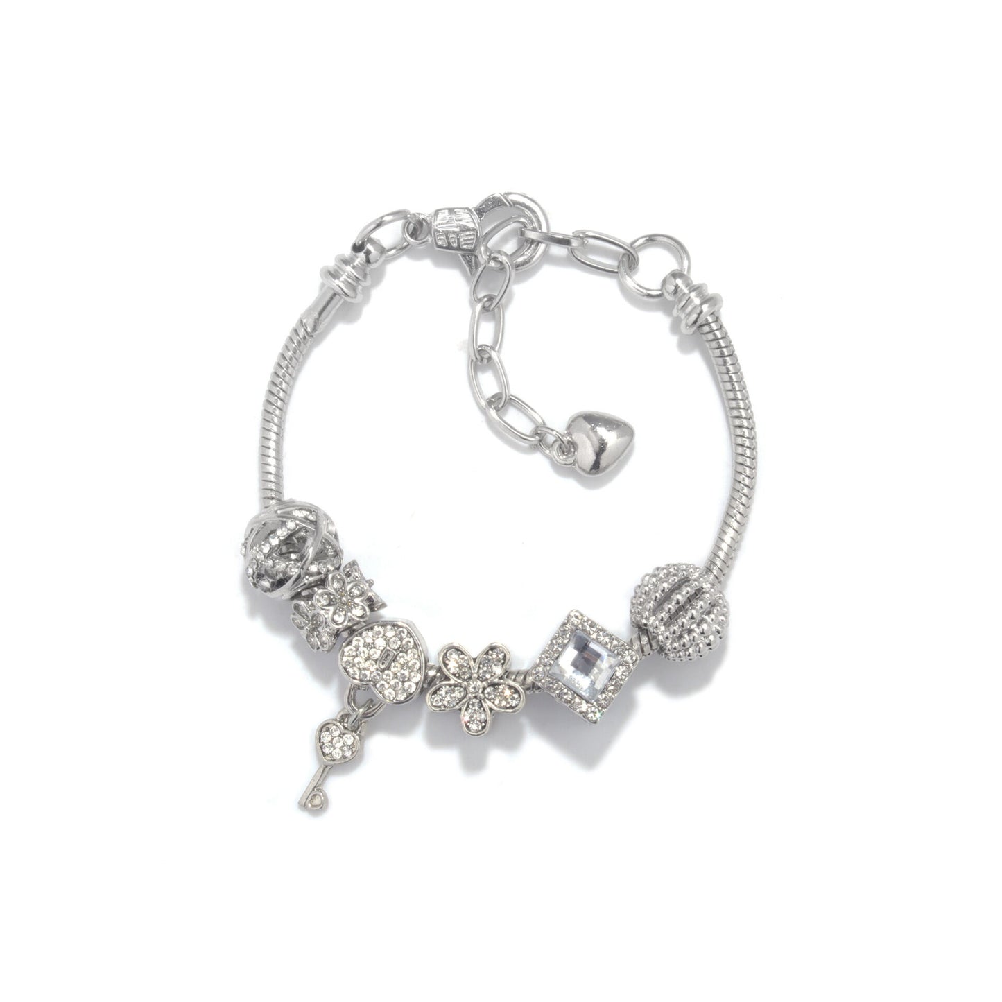 Adjustable Lobster Clasp Bracelet with Zircon Hollow Ball, Square, Flower & Heart Key Charms(20cm)