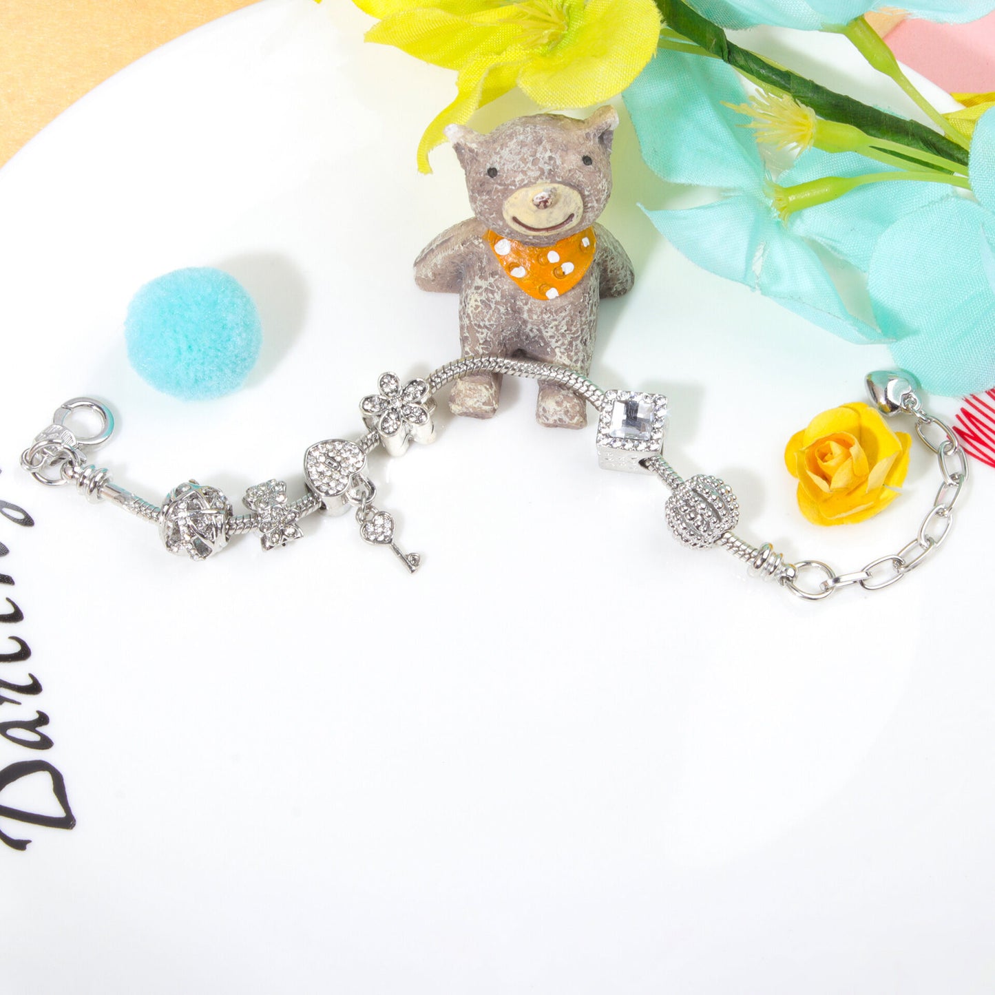 Adjustable Lobster Clasp Bracelet with Zircon Hollow Ball, Square, Flower & Heart Key Charms(20cm)