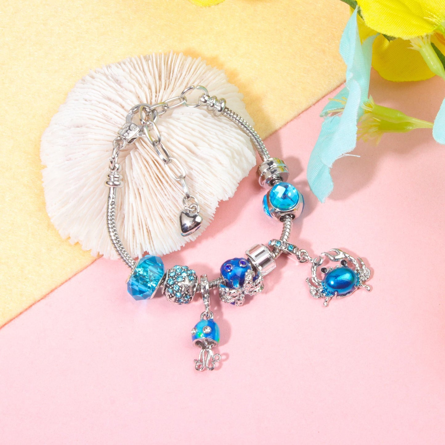 Cartoon Ocean Theme Bracelet with Octopus, Jellyfish, Crab Charms & Crystal Rhinestone Beads(16cm)