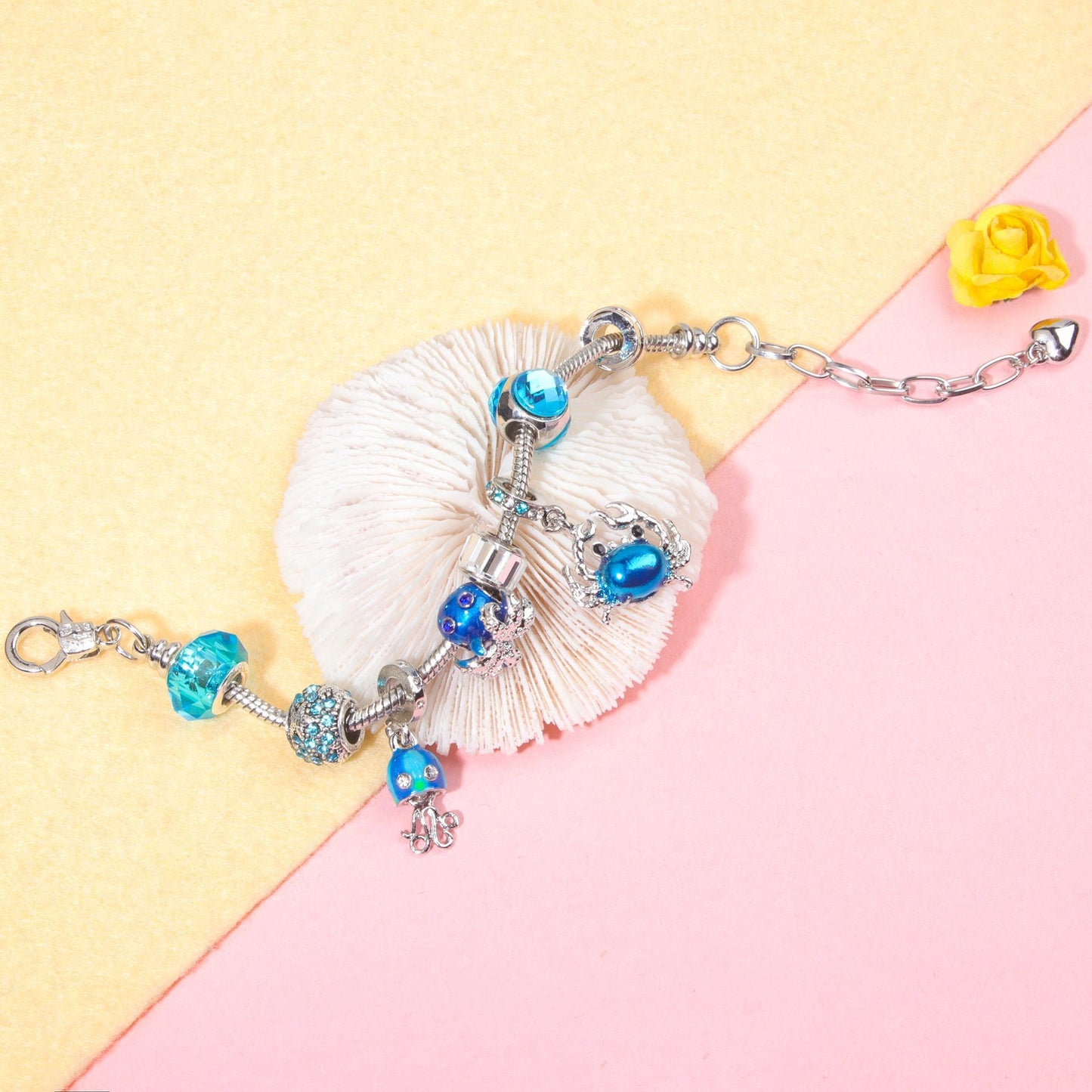 Cartoon Ocean Theme Bracelet with Octopus, Jellyfish, Crab Charms & Crystal Rhinestone Beads(18cm)