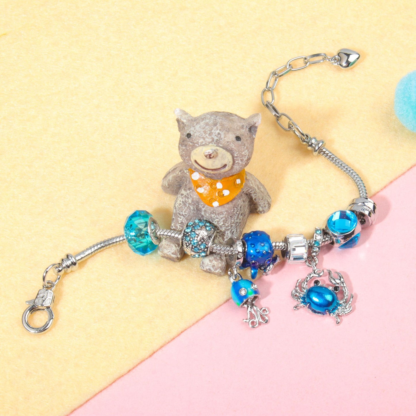 Cartoon Ocean Theme Bracelet with Octopus, Jellyfish, Crab Charms & Crystal Rhinestone Beads(20cm)