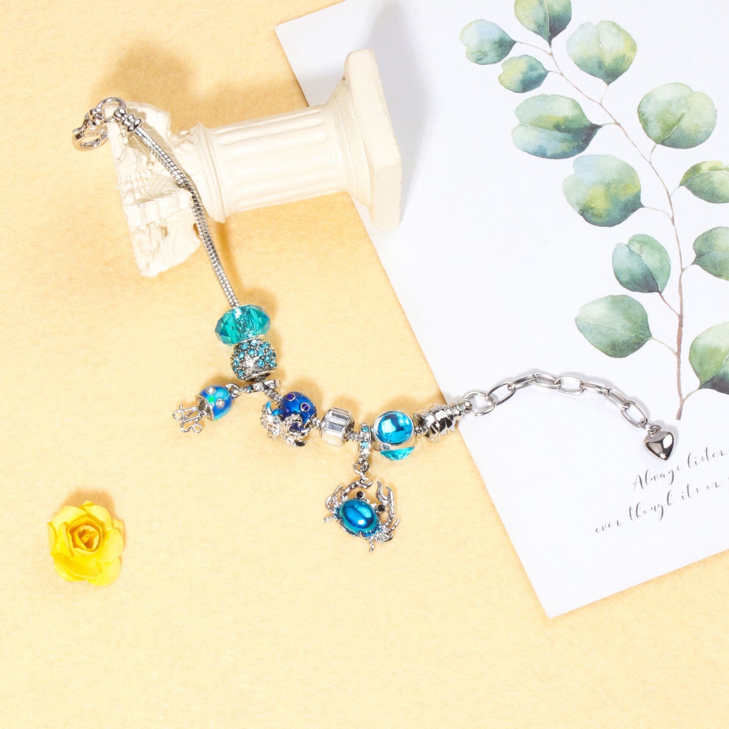 Cartoon Ocean Theme Bracelet with Octopus, Jellyfish, Crab Charms & Crystal Rhinestone Beads(20cm)