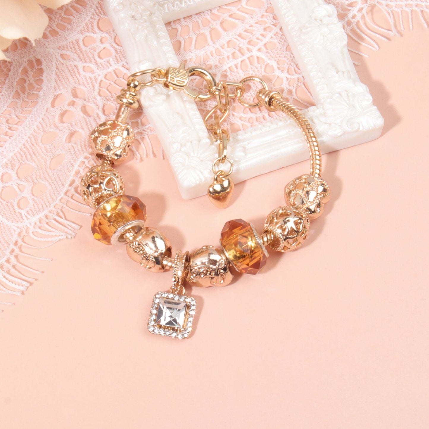 Golden Heart Zircon Hollow Bead Bracelet with Rhinestone Pendant(20cm)