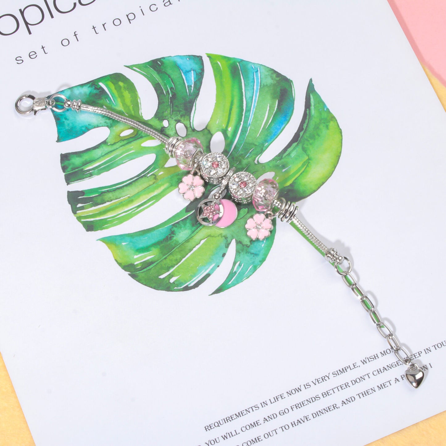 Chic Pink Crystal Beaded Bracelet with Magnolia & Star Pendant(16cm)