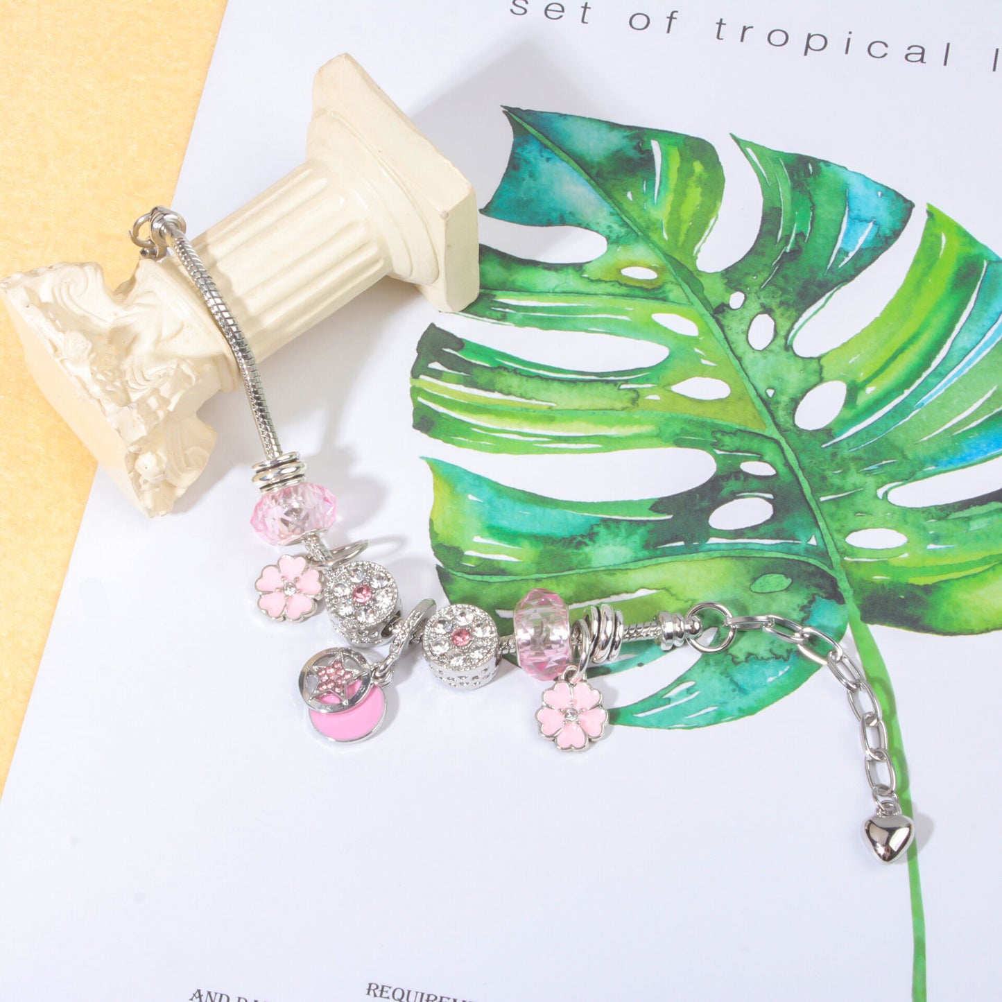 Chic Pink Crystal Beaded Bracelet with Magnolia & Star Pendant(16cm)