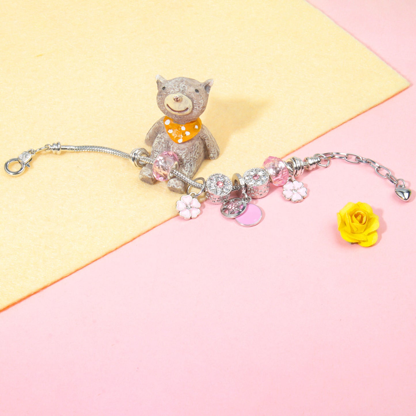 Chic Pink Crystal Beaded Bracelet with Magnolia & Star Pendant(16cm)