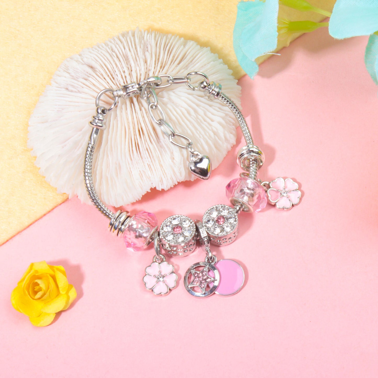 Chic Pink Crystal Beaded Bracelet with Magnolia & Star Pendant(16cm)