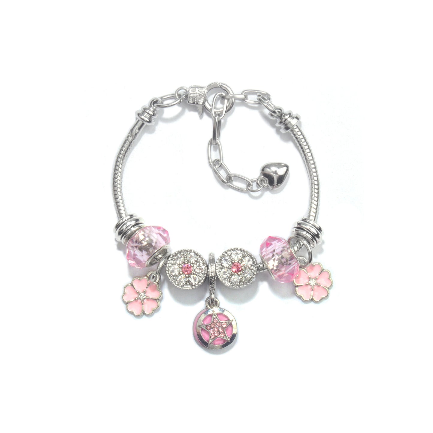 Chic Pink Crystal Beaded Bracelet with Magnolia & Star Pendant(17cm)