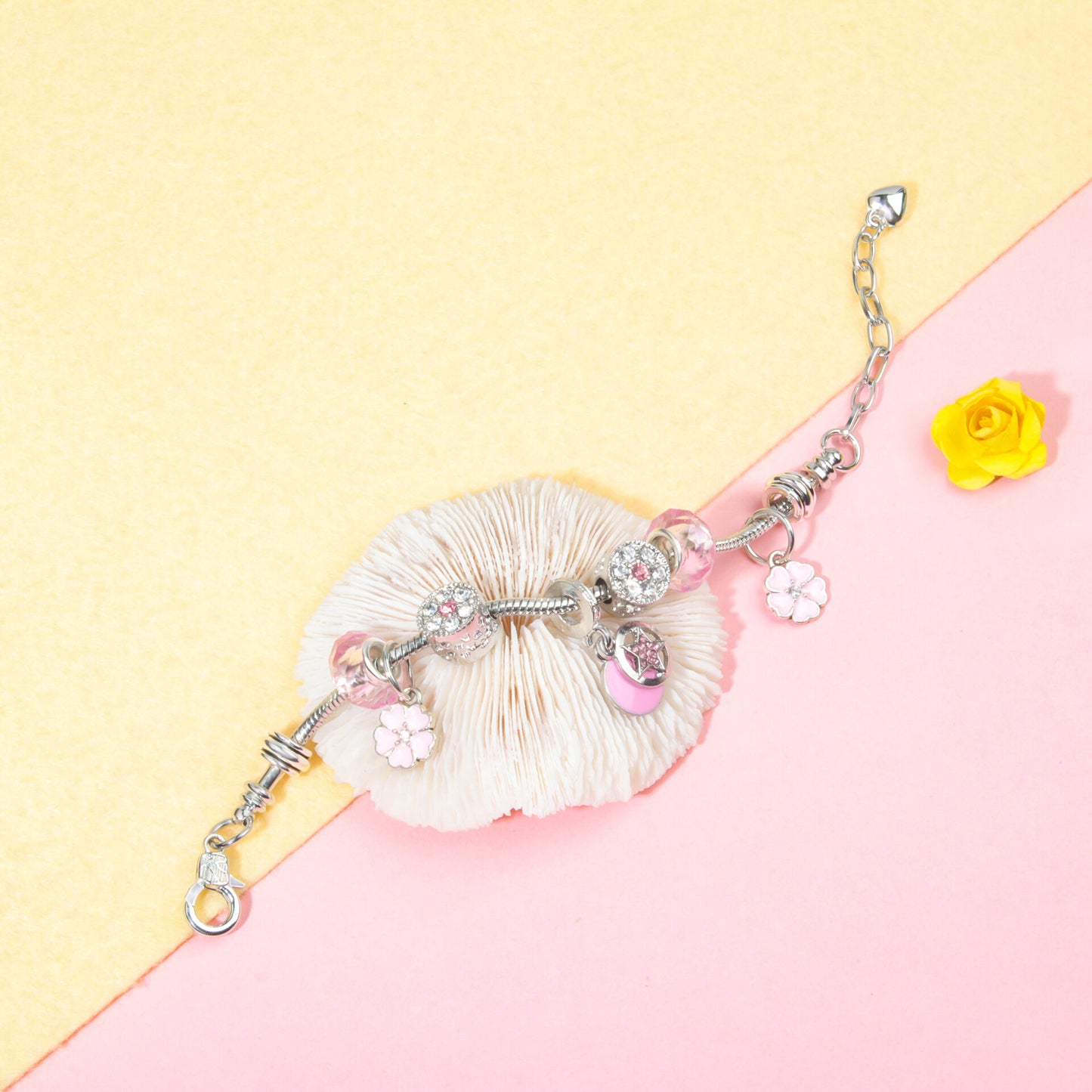 Chic Pink Crystal Beaded Bracelet with Magnolia & Star Pendant(17cm)