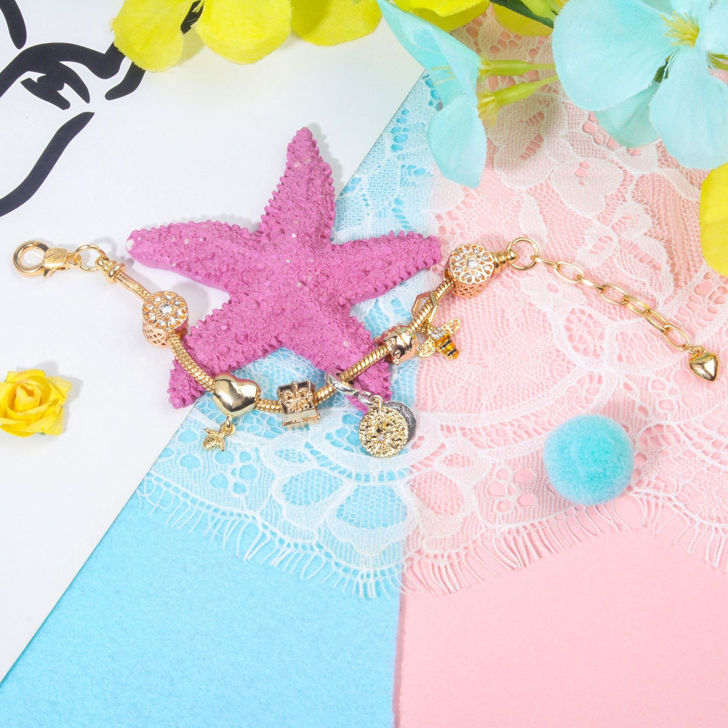 Golden Heart & Bee Charm Bracelet with Rhinestones, Hollow Flower & Gift Box Beads(16cm)