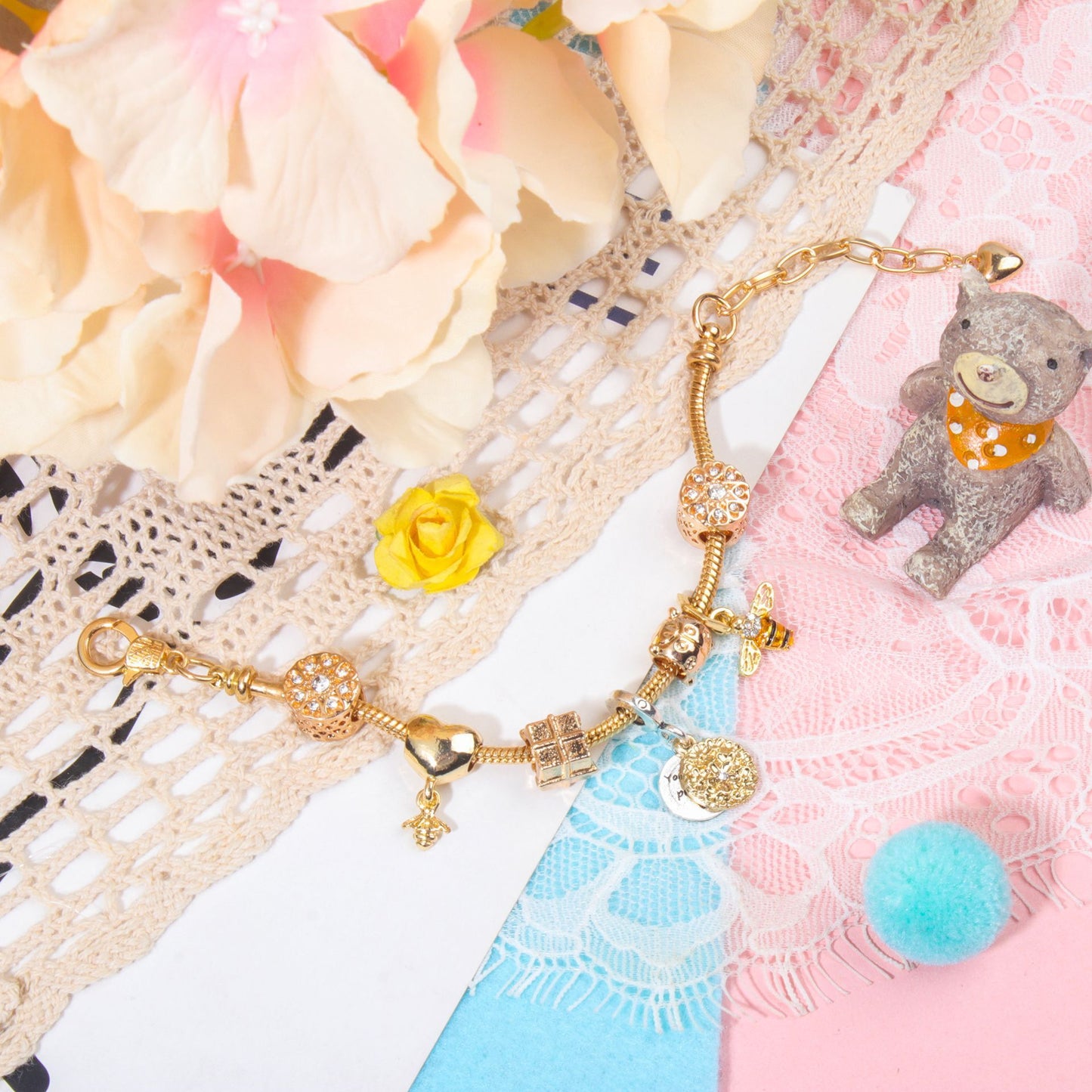 Golden Heart & Bee Charm Bracelet with Rhinestones, Hollow Flower & Gift Box Beads(17cm)