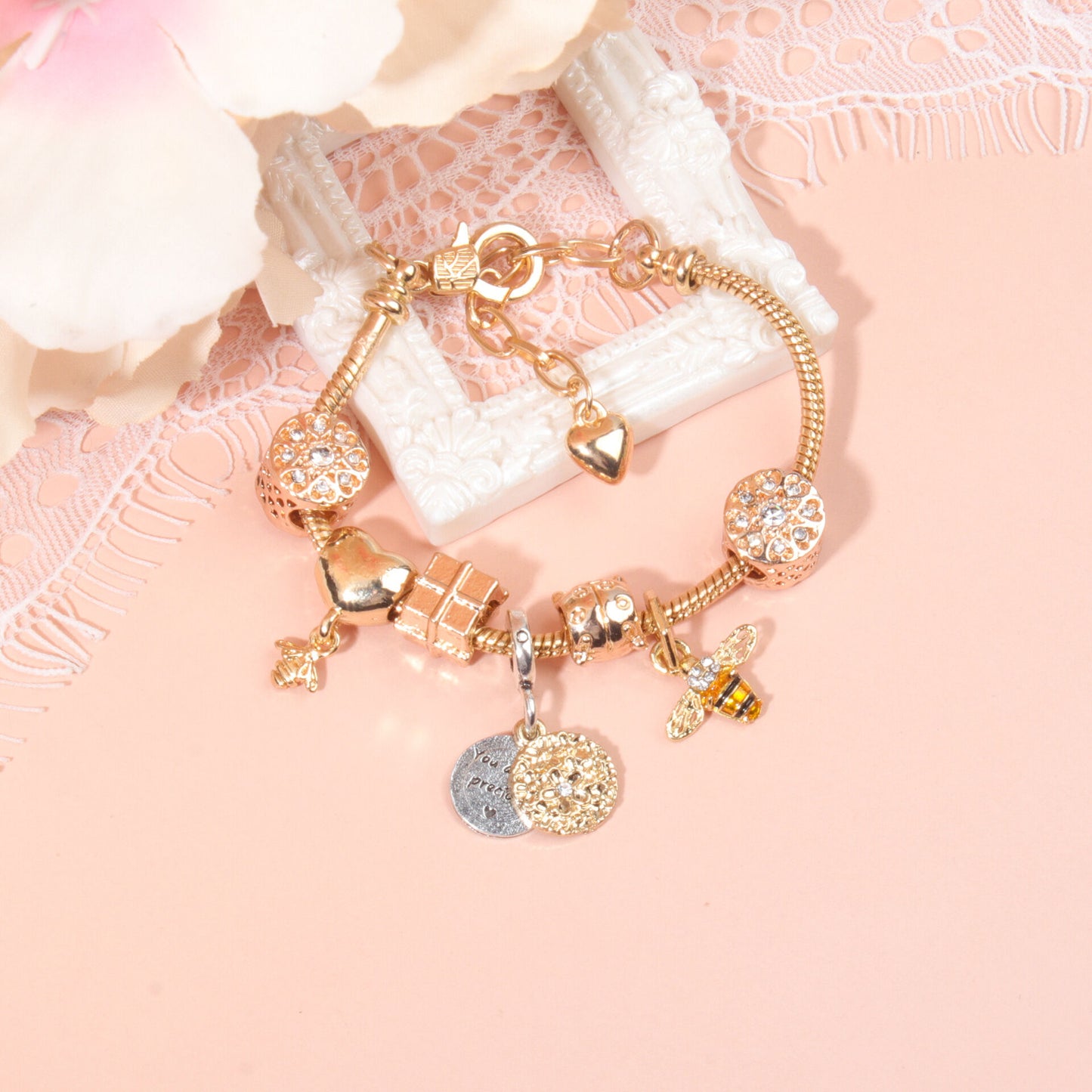 Golden Heart & Bee Charm Bracelet with Rhinestones, Hollow Flower & Gift Box Beads(17cm)