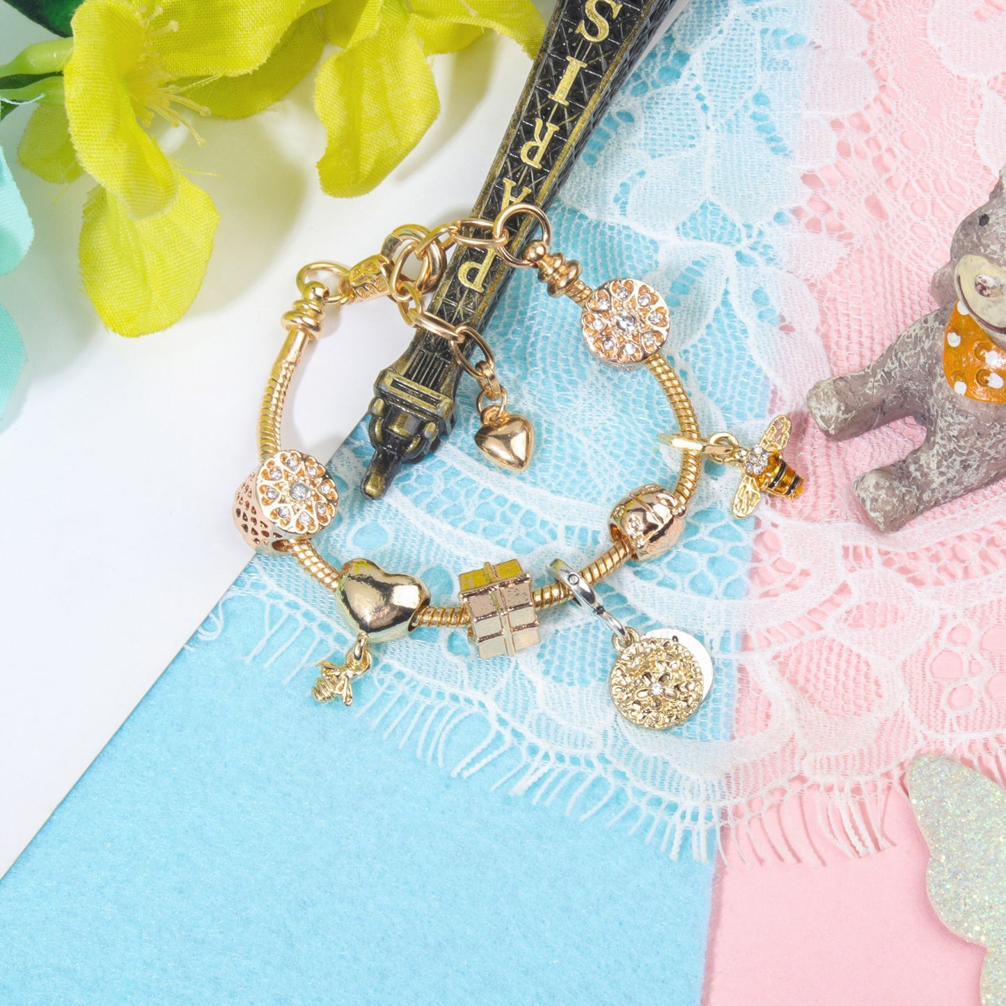 Golden Heart & Bee Charm Bracelet with Rhinestones, Hollow Flower & Gift Box Beads(17cm)