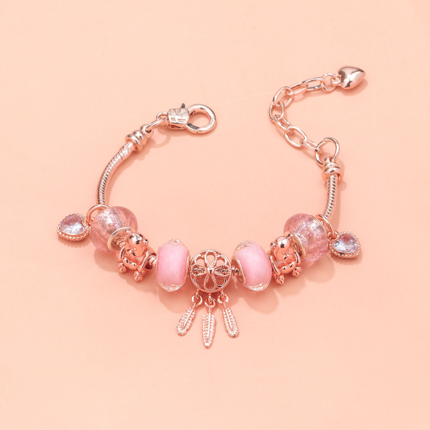 Rose Gold Charm Bracelet with Dreamcatcher & Bear Beads, Colorful Glass Beads Bracelet(19cm)