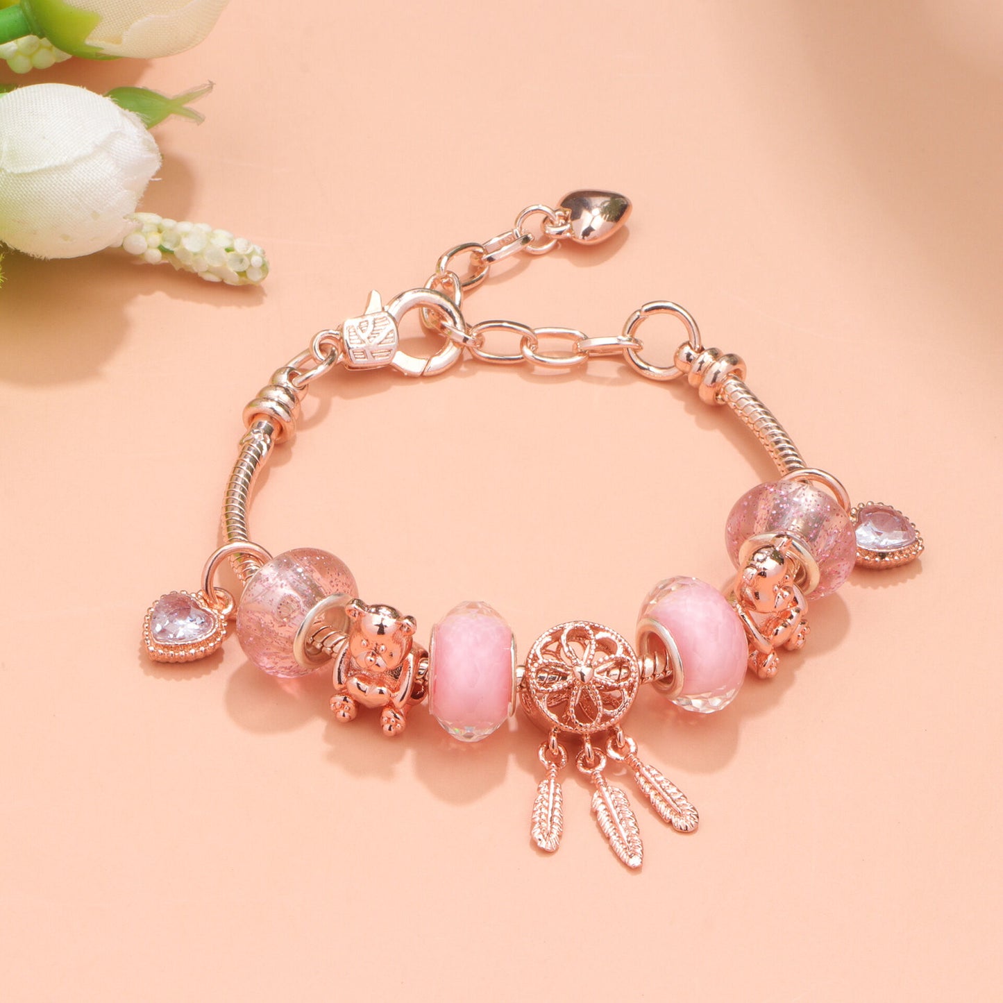 Rose Gold Charm Bracelet with Dreamcatcher & Bear Beads, Colorful Glass Beads Bracelet(19cm)