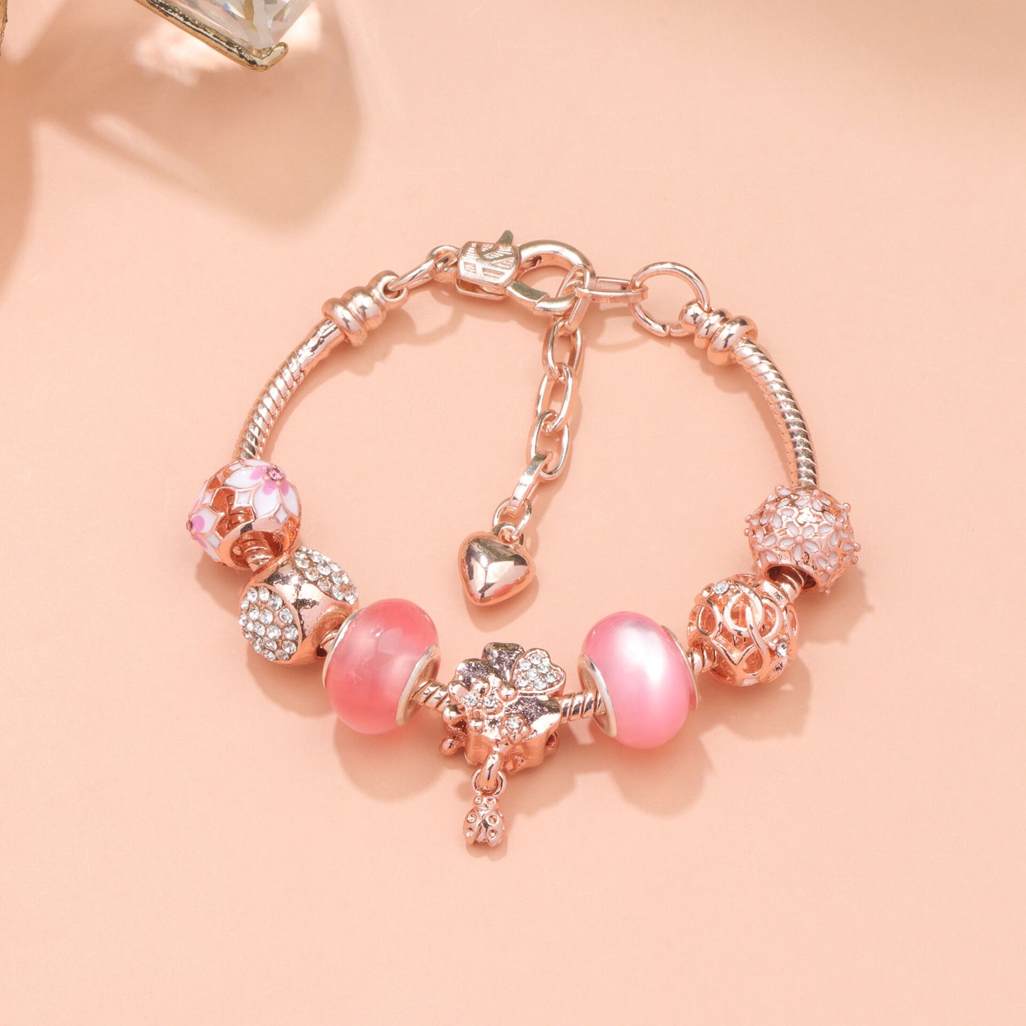 Rose Gold Beaded Bracelet with Floral & Zircon Accents(18cm)