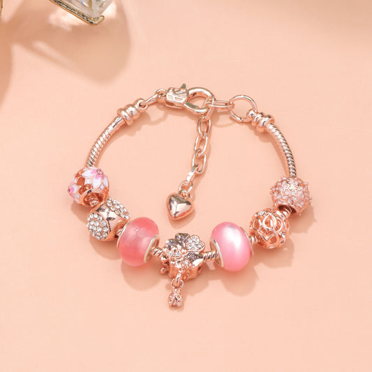 Rose Gold Beaded Bracelet with Floral & Zircon Accents(19cm)