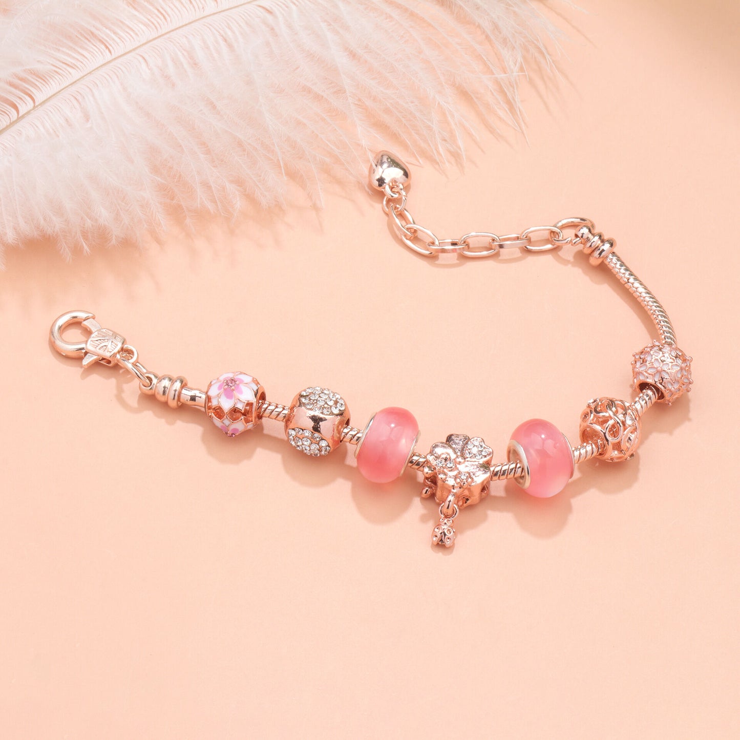 Rose Gold Beaded Bracelet with Floral & Zircon Accents(19cm)