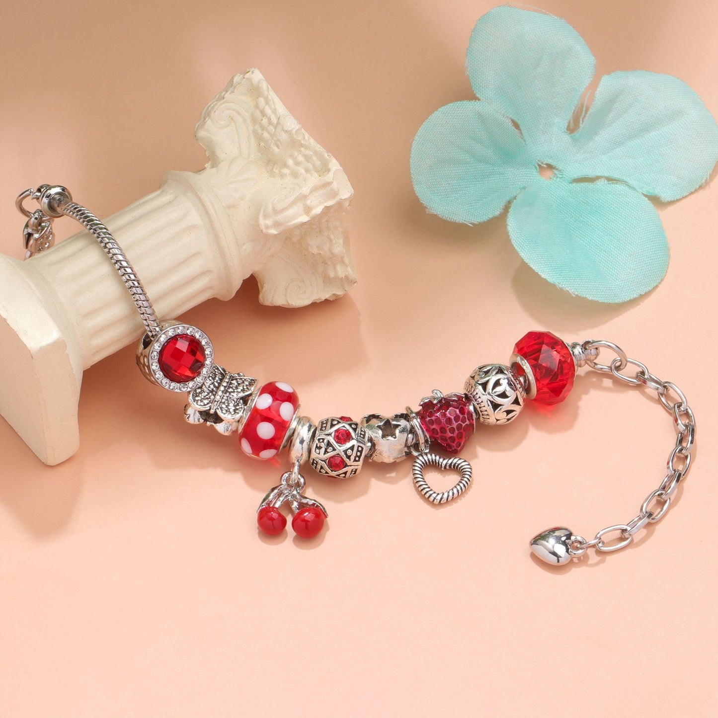 Charm Bracelet with Tortoise, Heart, Clover Pendant(red,18cm)