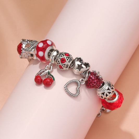Charm Bracelet with Tortoise, Heart, Clover Pendant(red,19cm)