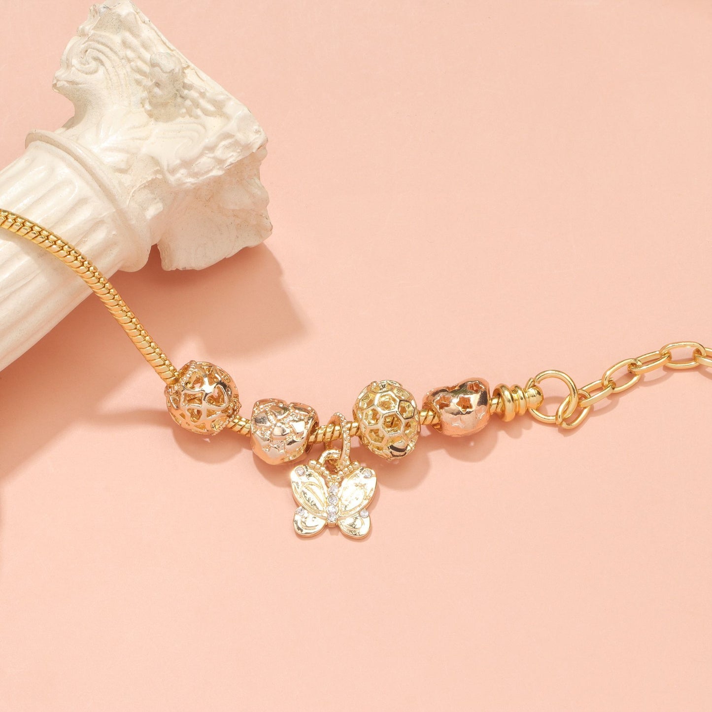 Hollow Beads Butterfly Heart Charm Bracele(yellow,19cm)