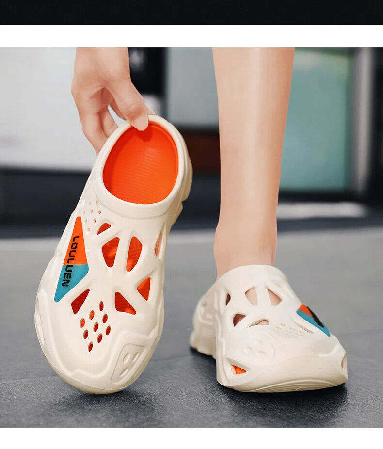 Men's Summer EVA Crocs with 3 Color Options - Breathable, Non-Slip, Comfortable Beach & Casual Sandals(white&orange-44-45)