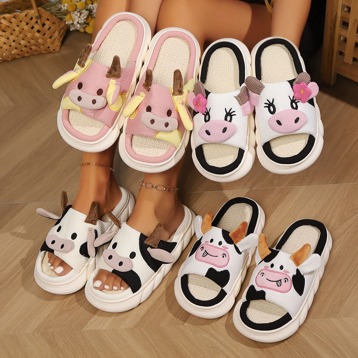 Unisex Cow Cartoon Linen Slippers: EVA Thick Sole Non-Slip Beach Sandals for Couples & Parent-Child, 7 Styles(black-41-42)