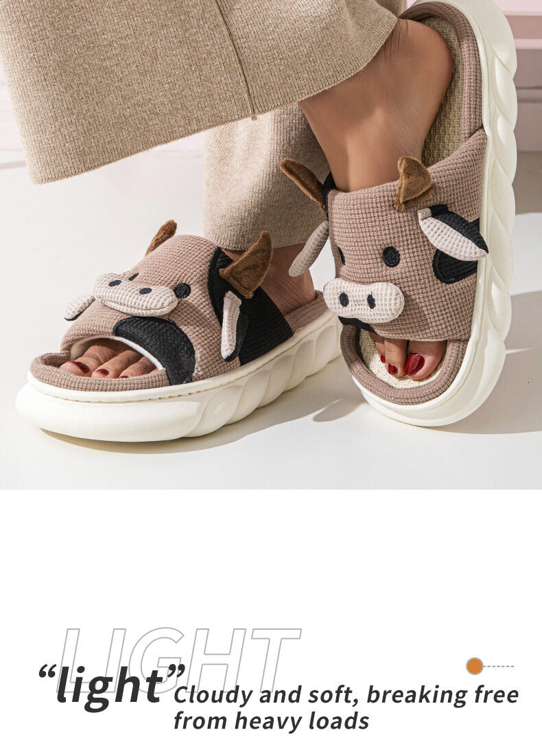 Unisex Cow Cartoon Linen Slippers: EVA Thick Sole Non-Slip Beach Sandals for Couples & Parent-Child, 7 Styles(coffee brown-41-42)