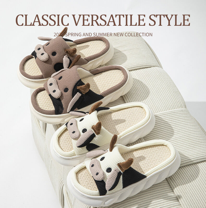 Unisex Cow Cartoon Linen Slippers: EVA Thick Sole Non-Slip Beach Sandals for Couples & Parent-Child, 7 Styles(white-35-36)