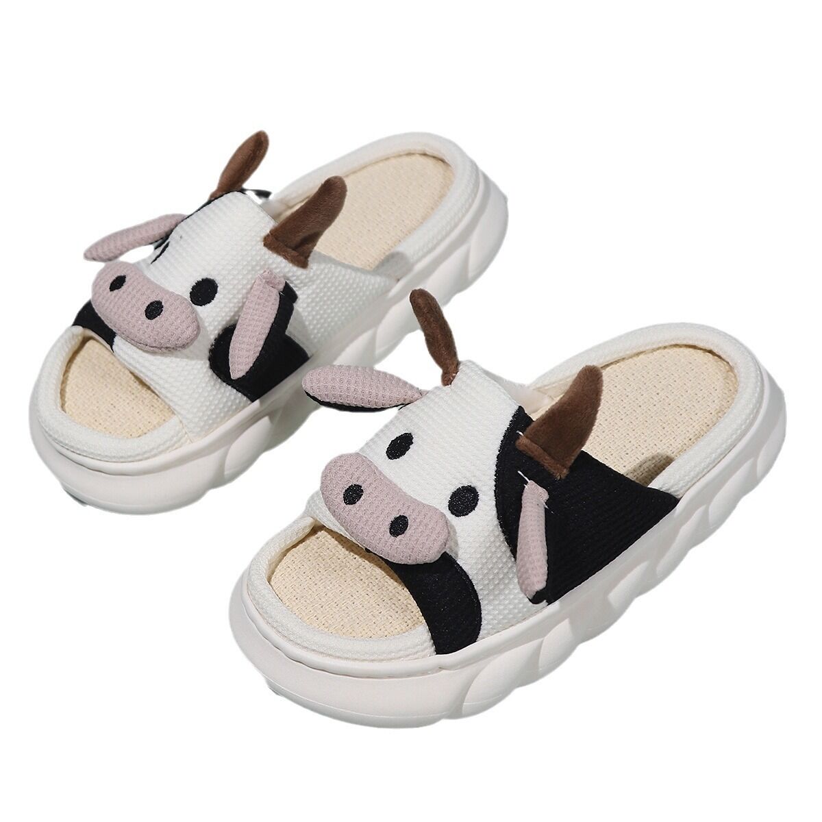 Unisex Cow Cartoon Linen Slippers: EVA Thick Sole Non-Slip Beach Sandals for Couples & Parent-Child, 7 Styles(white-37-38)