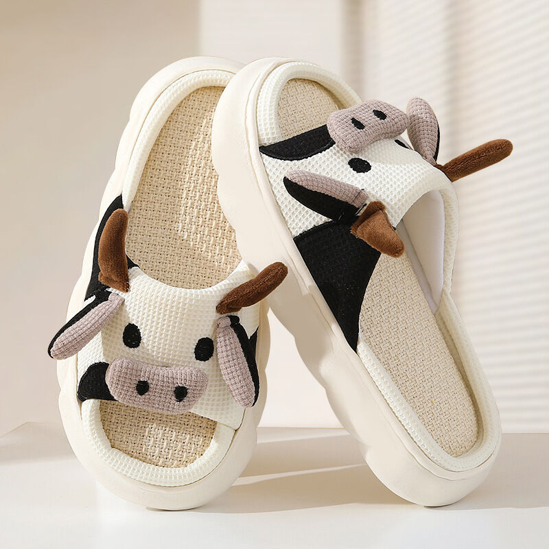 Unisex Cow Cartoon Linen Slippers: EVA Thick Sole Non-Slip Beach Sandals for Couples & Parent-Child, 7 Styles(white-39-40)