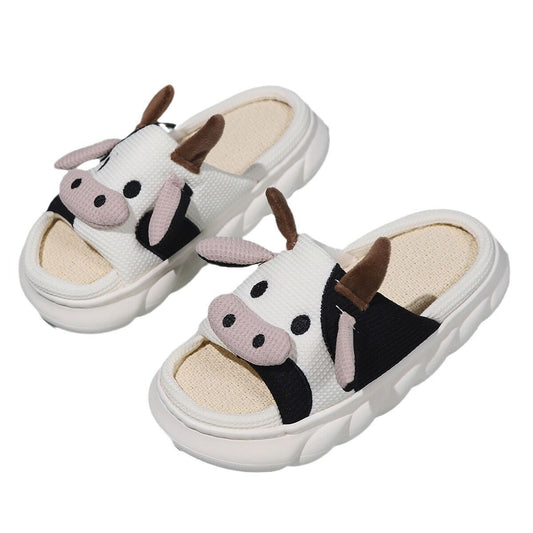 Unisex Cow Cartoon Linen Slippers: EVA Thick Sole Non-Slip Beach Sandals for Couples & Parent-Child, 7 Styles(white-41-42)