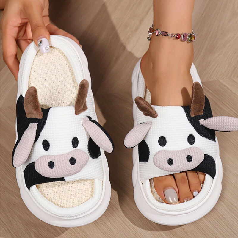 Unisex Cow Cartoon Linen Slippers: EVA Thick Sole Non-Slip Beach Sandals for Couples & Parent-Child, 7 Styles(white-43-44)