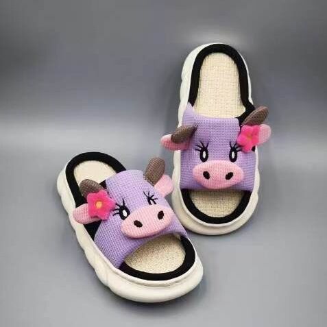 Unisex Cow Cartoon Linen Slippers: EVA Thick Sole Non-Slip Beach Sandals for Couples & Parent-Child, 7 Styles(purple-43-44)