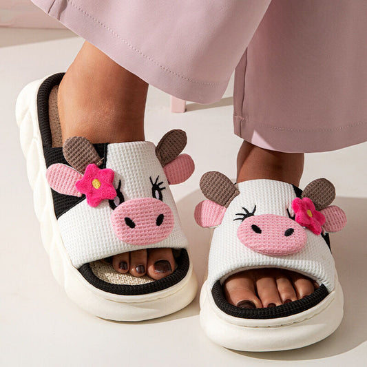 Unisex Cow Cartoon Linen Slippers: EVA Thick Sole Non-Slip Beach Sandals for Couples & Parent-Child, 7 Styles(white-35-36)