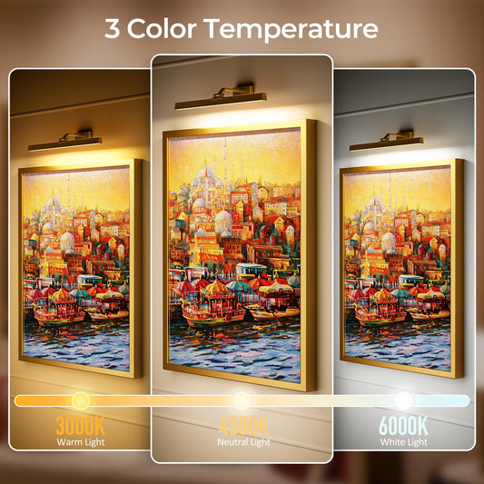 Wall Picture Light, 24in Battery-Powered Gallery Light for Artwork, CCT Dimmable Rechargeable Battery Wall Lamp with Remote Control for Living Room, Gallery, and Dartboard (Gold)