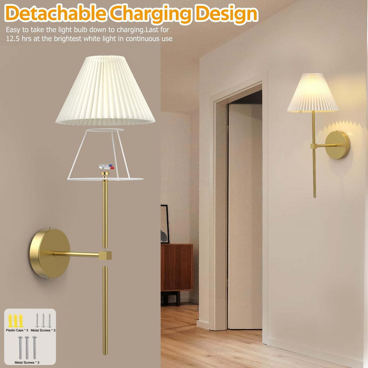 Battery Operated Wall Sconces Set of 2,Gold Rechargeable Wall Lights with Remote,3000mAh Dimmable 3 Timer Magnetic Bulbs,Indoor Wireless Lamps for Bedroom Living Room Hallway Bathroom