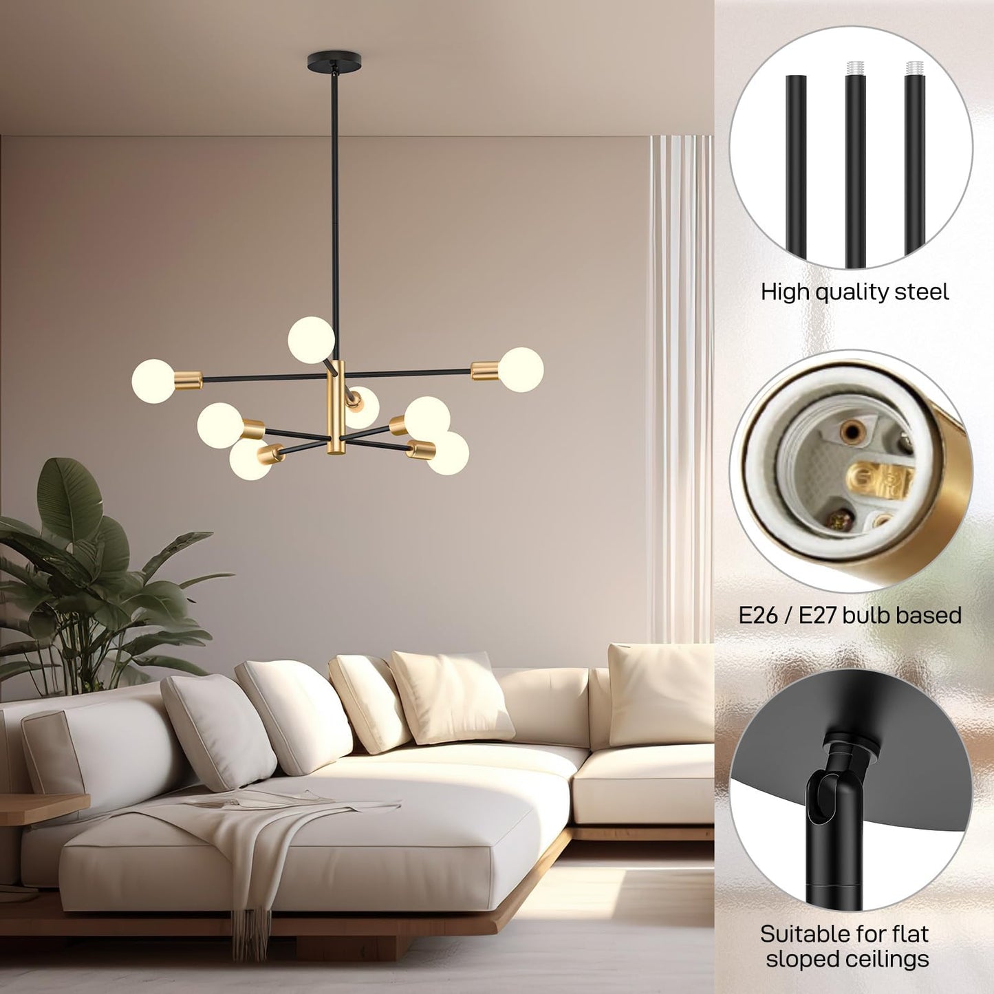 Modern Sputnik Chandelier 8 Lights Height Adjustable Ceiling Light Fixture Mid-Century Modern Gold Chandelier for Dining Room Bedroom Kitchen Living Room with Sloped Ceiling Adapter