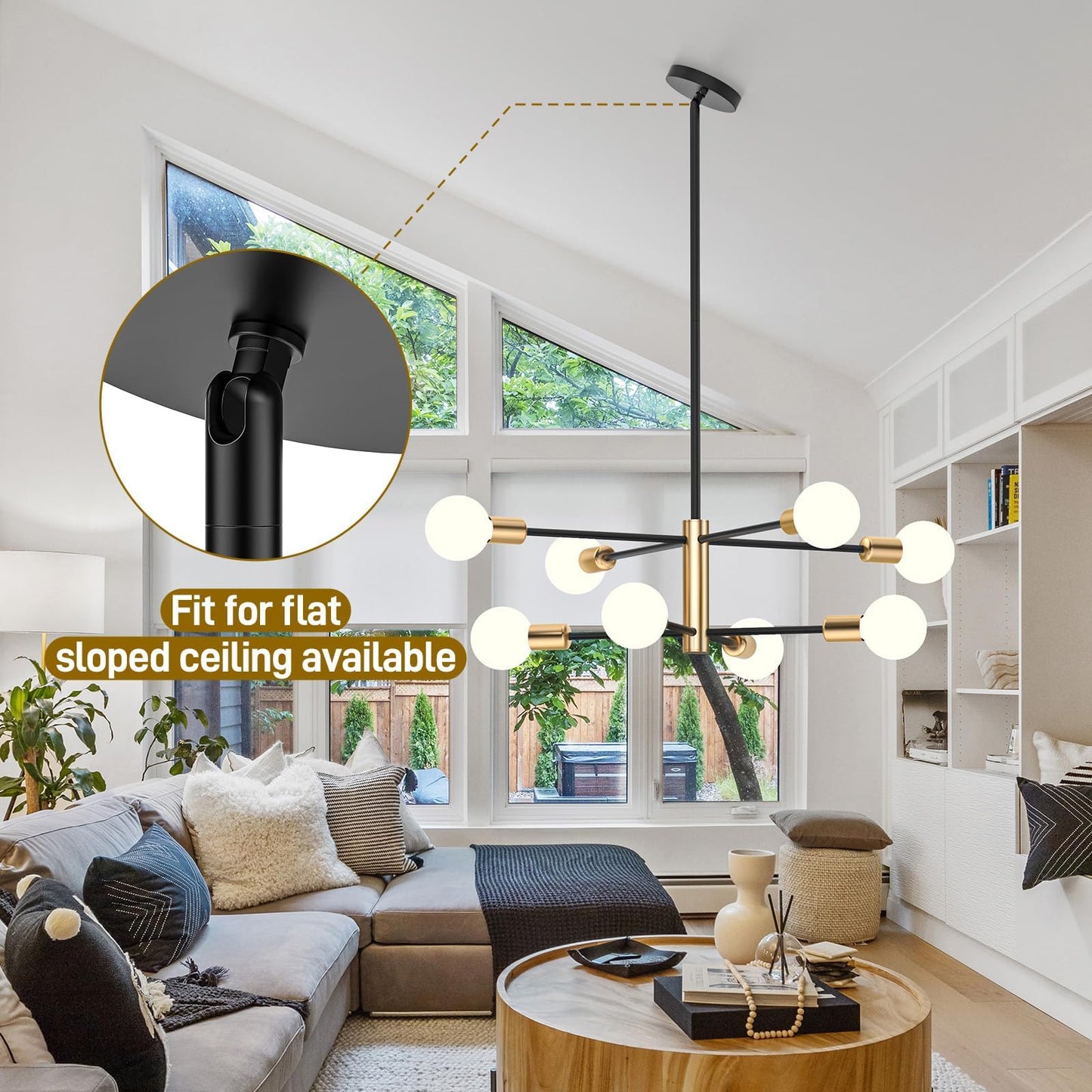 Modern Sputnik Chandelier 8 Lights Height Adjustable Ceiling Light Fixture Mid-Century Modern Gold Chandelier for Dining Room Bedroom Kitchen Living Room with Sloped Ceiling Adapter